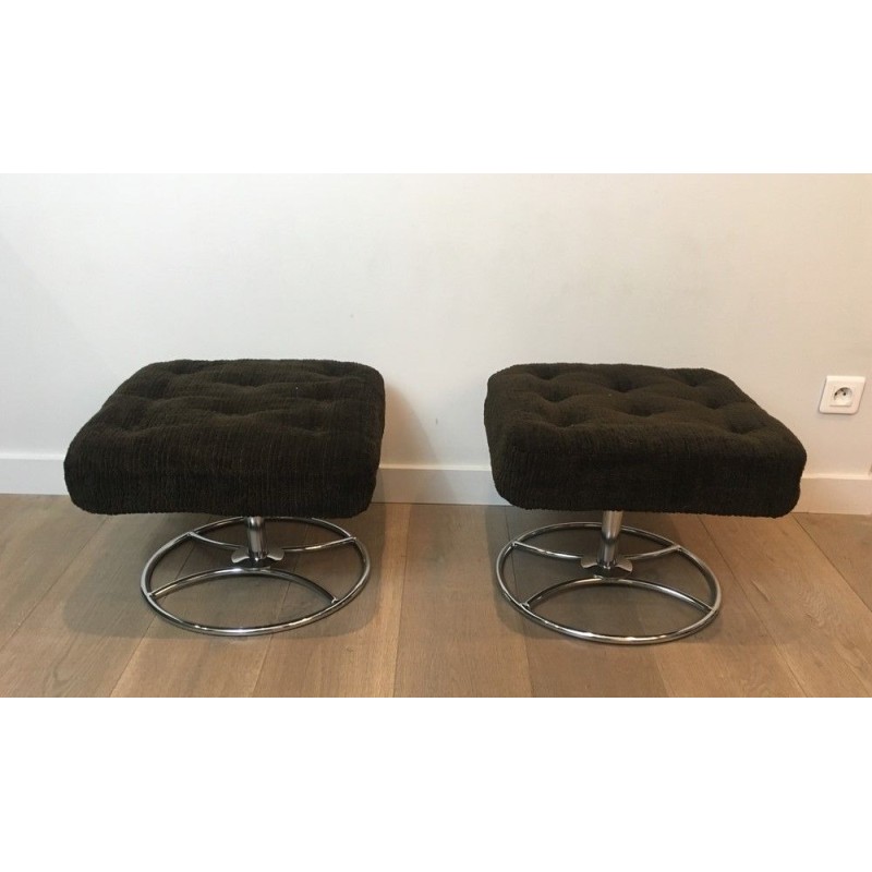 Paire de Tabourets Tournants en Chrome et Velours, Travail Français, Vers 1970