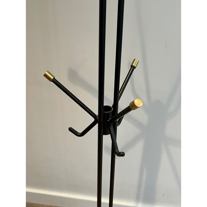 Design Coat Stand in Black Lacquered Metal and Brass, French Work, Circa 1950