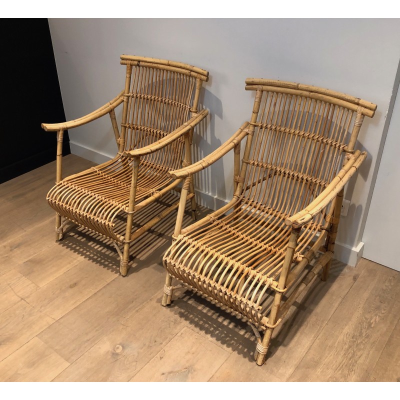 Paire de Fauteuils en Rotin, Travail Français, Vers 1950
