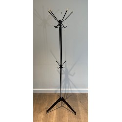 Design Coat Stand in Black Lacquered Metal and Brass, French Work, Circa 1950