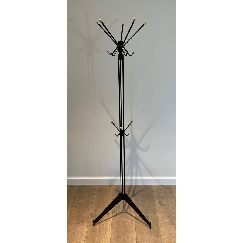 Design Coat Stand in Black Lacquered Metal and Brass, French Work, Circa 1950