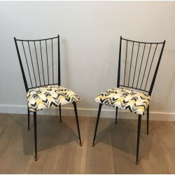 Pair of Black Lacquered Metal Chairs with Coloured Fabric Seats by Colette Gueden, French Work, Circa 1950