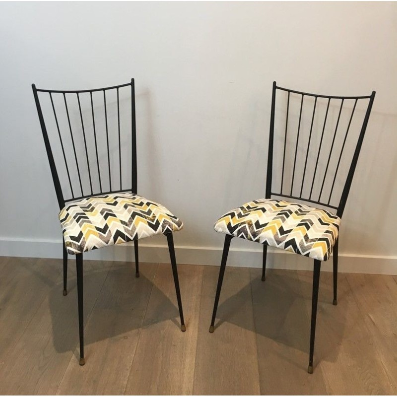 Pair of Black Lacquered Metal Chairs with Coloured Fabric Seats by Colette Gueden, French Work, Circa 1950