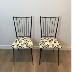 Pair of Black Lacquered Metal Chairs with Coloured Fabric Seats by Colette Gueden, French Work, Circa 1950