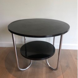 Round Double-Tiered Ebonised and Chrome Guéridon in the Style of Marcel Breuer, French Work, Circa 1950