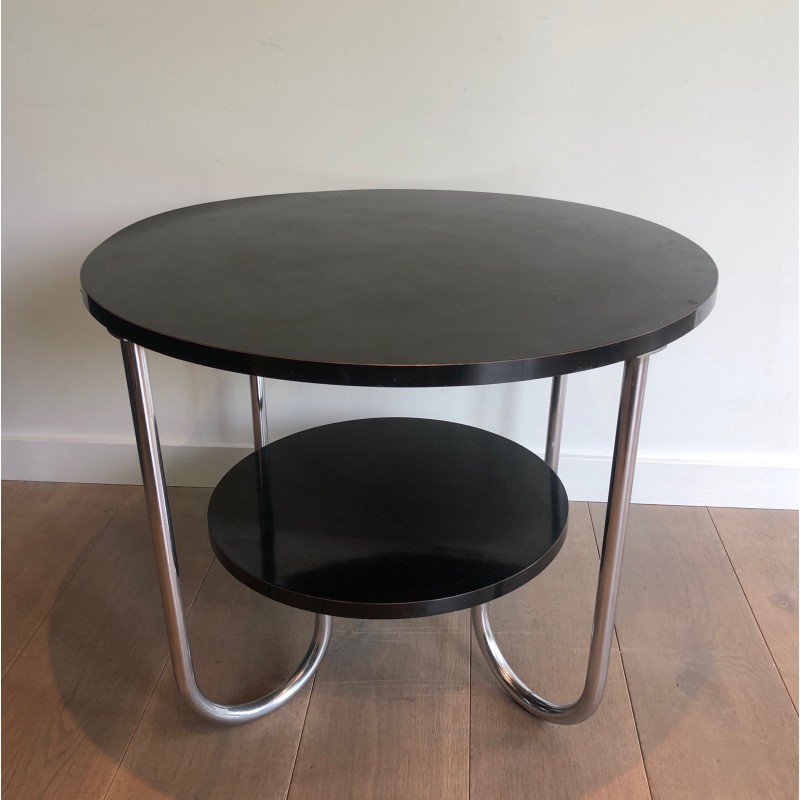 Round Double-Tiered Ebonised and Chrome Guéridon in the Style of Marcel Breuer, French Work, Circa 1950