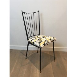 Pair of Black Lacquered Metal Chairs with Coloured Fabric Seats by Colette Gueden, French Work, Circa 1950
