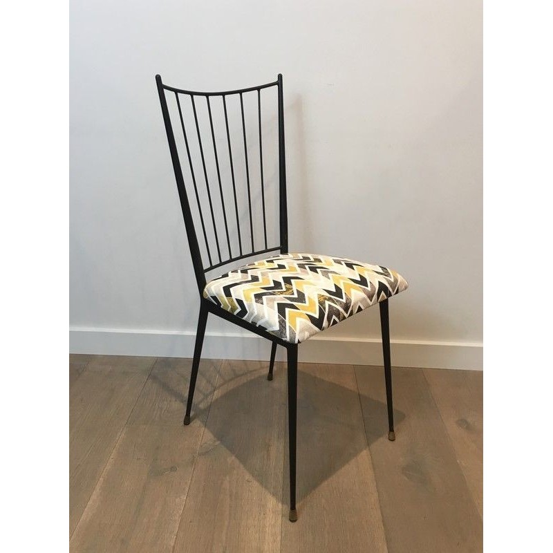 Paire de Chaises en Métal Laqué Noir à Assise en Tissu Coloré par Colette Gueden, Travail Français, Vers 1950