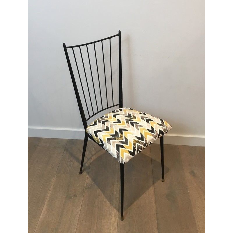 Pair of Black Lacquered Metal Chairs with Coloured Fabric Seats by Colette Gueden, French Work, Circa 1950