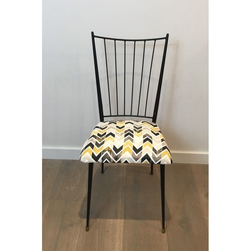 Pair of Black Lacquered Metal Chairs with Coloured Fabric Seats by Colette Gueden, French Work, Circa 1950