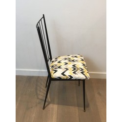 Pair of Black Lacquered Metal Chairs with Coloured Fabric Seats by Colette Gueden, French Work, Circa 1950