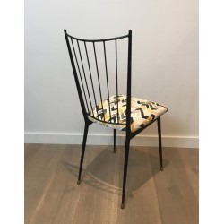 Paire de Chaises en Métal Laqué Noir à Assise en Tissu Coloré par Colette Gueden, Travail Français, Vers 1950
