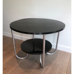 Round Double-Tiered Ebonised and Chrome Guéridon in the Style of Marcel Breuer, French Work, Circa 1950