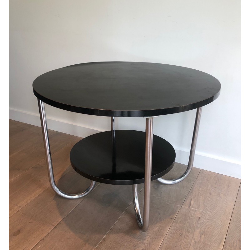 Round Double-Tiered Ebonised and Chrome Guéridon in the Style of Marcel Breuer, French Work, Circa 1950