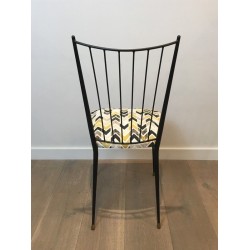 Pair of Black Lacquered Metal Chairs with Coloured Fabric Seats by Colette Gueden, French Work, Circa 1950