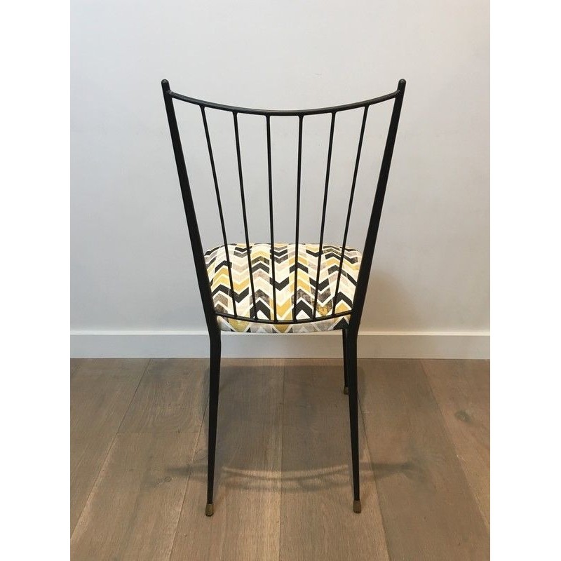 Pair of Black Lacquered Metal Chairs with Coloured Fabric Seats by Colette Gueden, French Work, Circa 1950