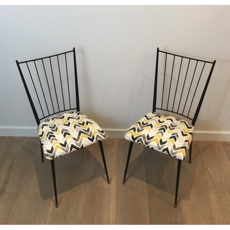 Pair of Black Lacquered Metal Chairs with Coloured Fabric Seats by Colette Gueden, French Work, Circa 1950