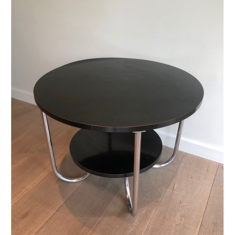 Round Double-Tiered Ebonised and Chrome Guéridon in the Style of Marcel Breuer, French Work, Circa 1950