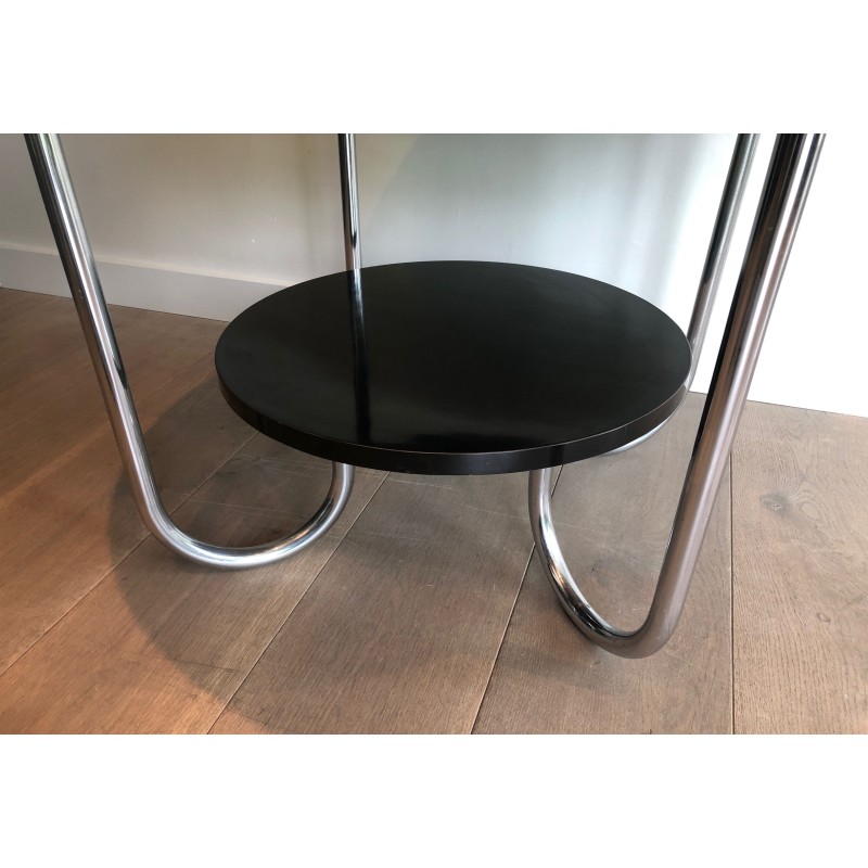 Round Double-Tiered Ebonised and Chrome Guéridon in the Style of Marcel Breuer, French Work, Circa 1950