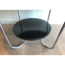 Round Double-Tiered Ebonised and Chrome Guéridon in the Style of Marcel Breuer, French Work, Circa 1950