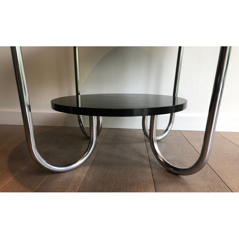 Round Double-Tiered Ebonised and Chrome Guéridon in the Style of Marcel Breuer, French Work, Circa 1950