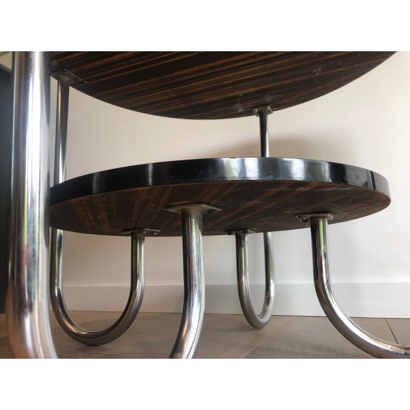 Round Double-Tiered Ebonised and Chrome Guéridon in the Style of Marcel Breuer, French Work, Circa 1950