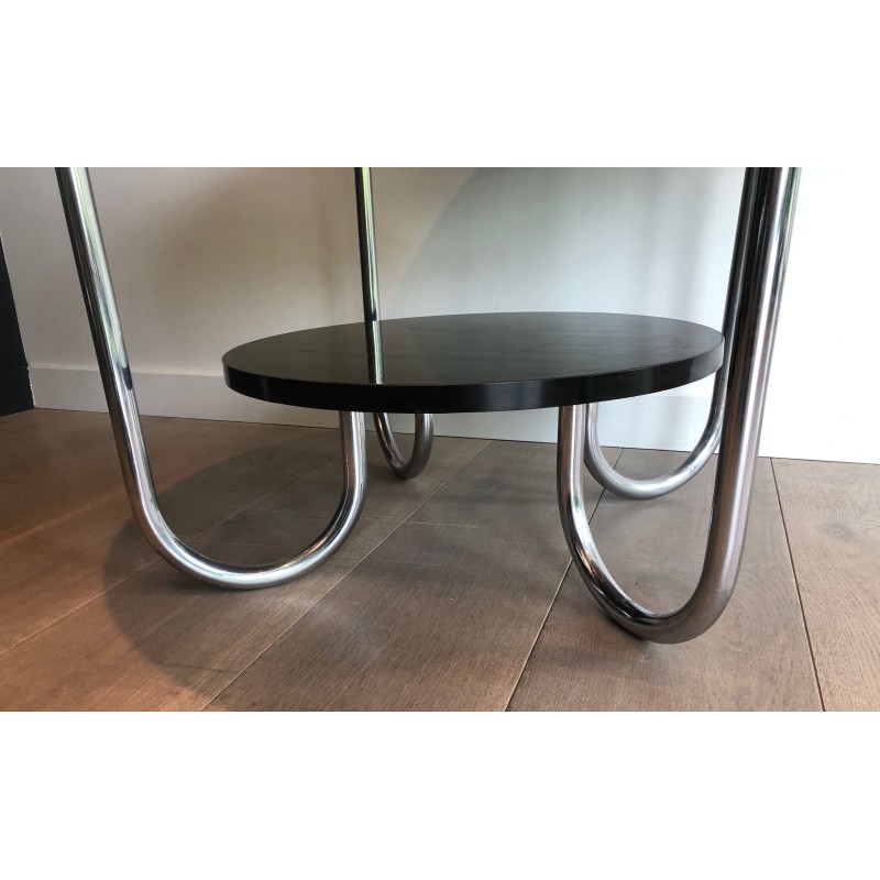 Round Double-Tiered Ebonised and Chrome Guéridon in the Style of Marcel Breuer, French Work, Circa 1950