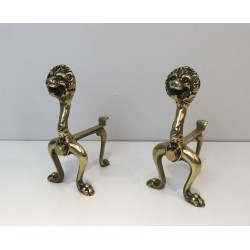 Rare Pair of Lion Bronze Andirons, French Work, Circa 1900