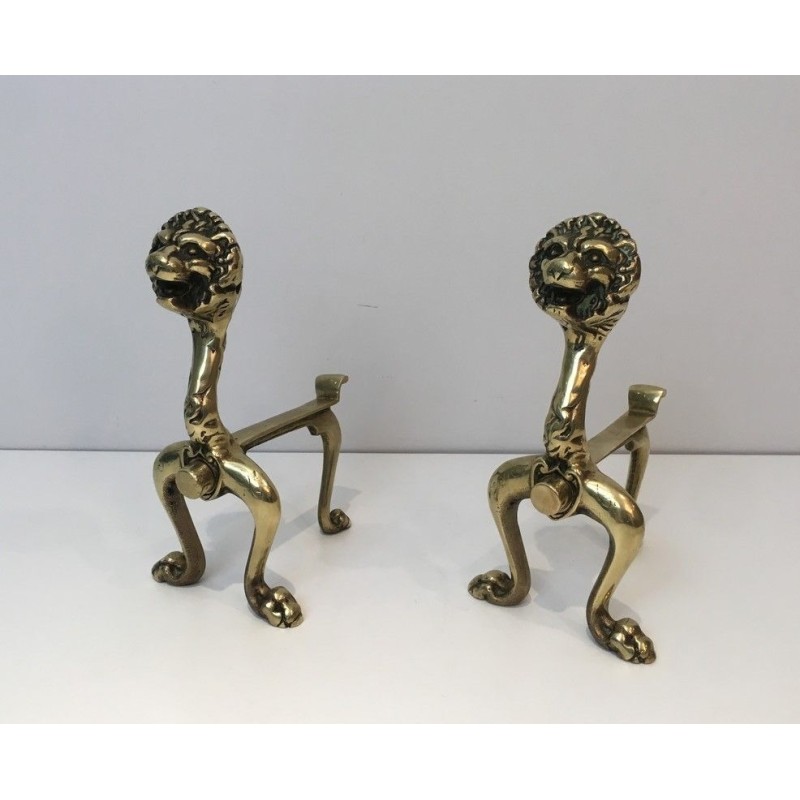 Rare Pair of Lion Bronze Andirons, French Work, Circa 1900