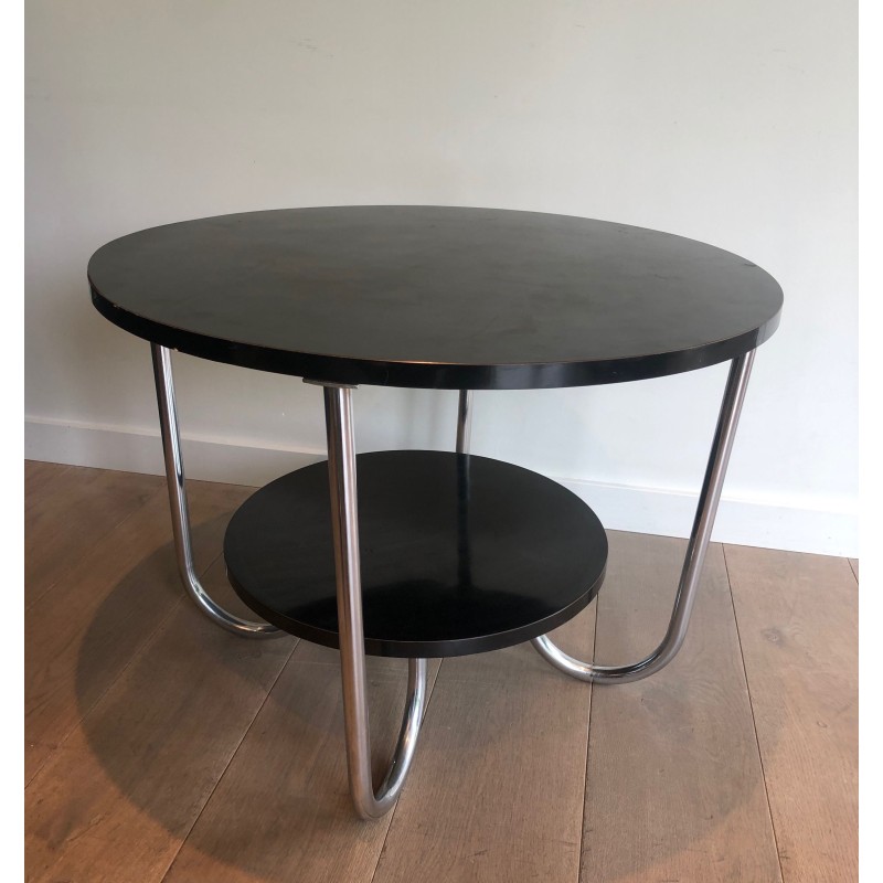 Round Double-Tiered Ebonised and Chrome Guéridon in the Style of Marcel Breuer, French Work, Circa 1950