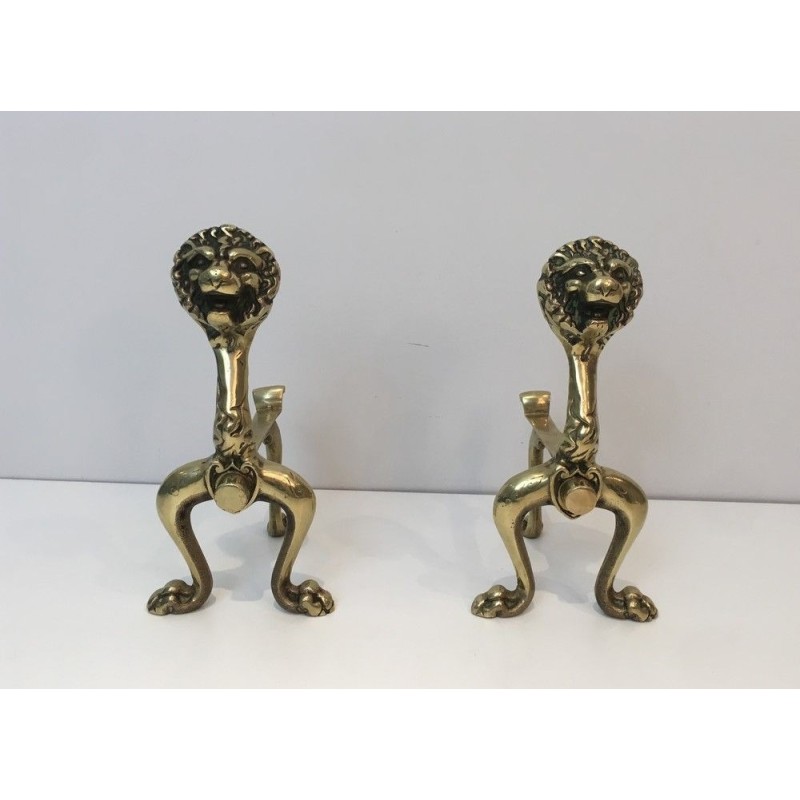 Rare Pair of Lion Bronze Andirons, French Work, Circa 1900
