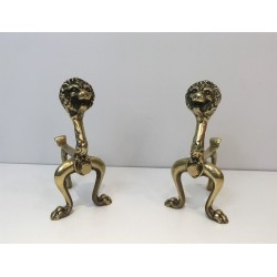 Rare Paire de Chenets en Bronze à Décor de Lions, Travail Français, Vers 1900