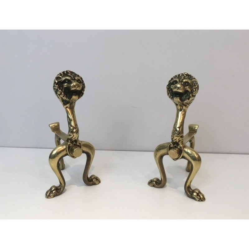 Rare Paire de Chenets en Bronze à Décor de Lions, Travail Français, Vers 1900