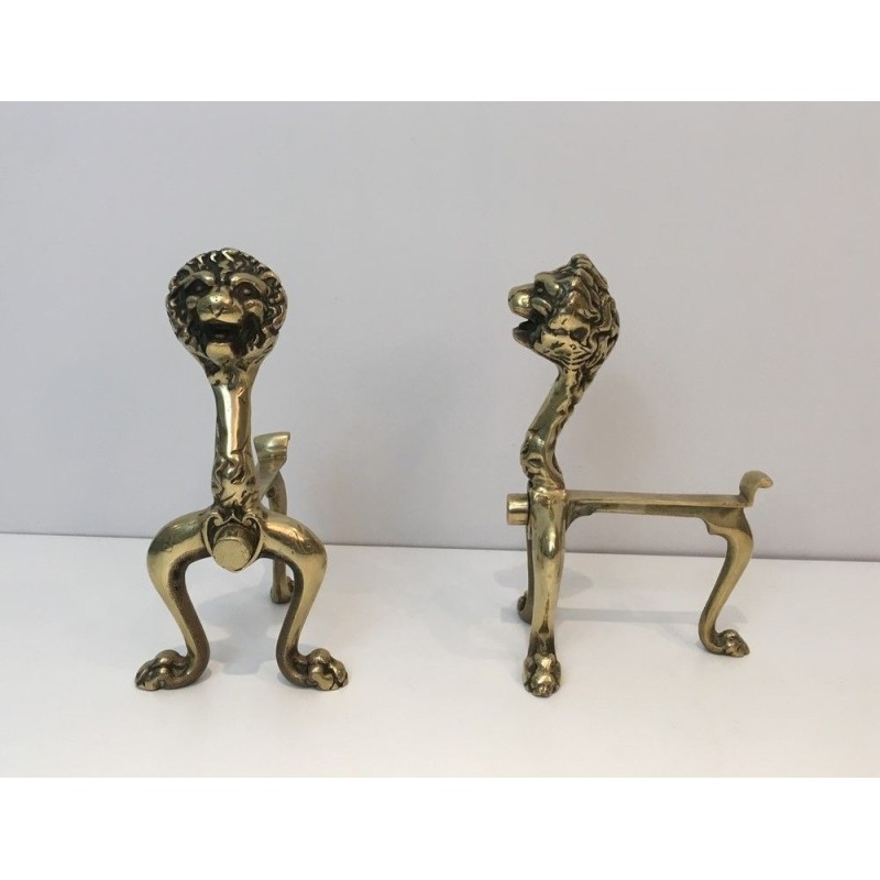 Rare Paire de Chenets en Bronze à Décor de Lions, Travail Français, Vers 1900