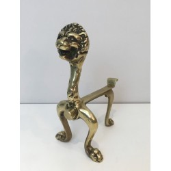 Rare Pair of Lion Bronze Andirons, French Work, Circa 1900