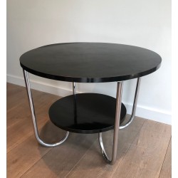 Round Double-Tiered Ebonised and Chrome Guéridon in the Style of Marcel Breuer, French Work, Circa 1950