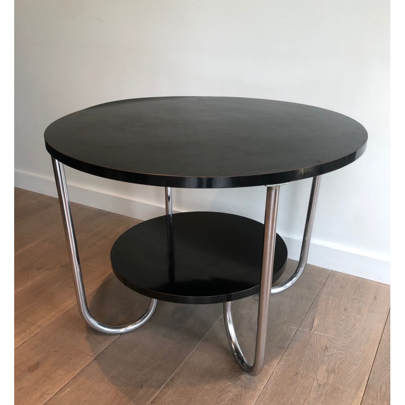 Round Double-Tiered Ebonised and Chrome Guéridon in the Style of Marcel Breuer, French Work, Circa 1950
