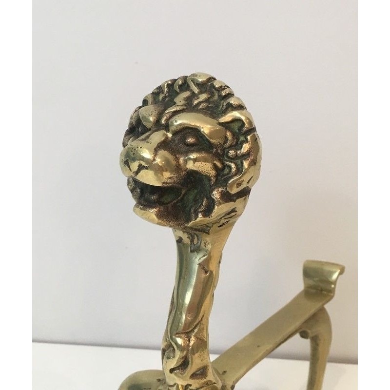 Rare Paire de Chenets en Bronze à Décor de Lions, Travail Français, Vers 1900
