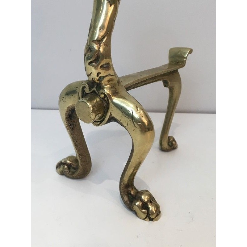 Rare Paire de Chenets en Bronze à Décor de Lions, Travail Français, Vers 1900