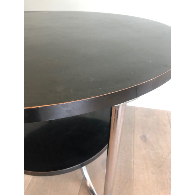 Round Double-Tiered Ebonised and Chrome Guéridon in the Style of Marcel Breuer, French Work, Circa 1950