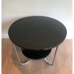 Round Double-Tiered Ebonised and Chrome Guéridon in the Style of Marcel Breuer, French Work, Circa 1950