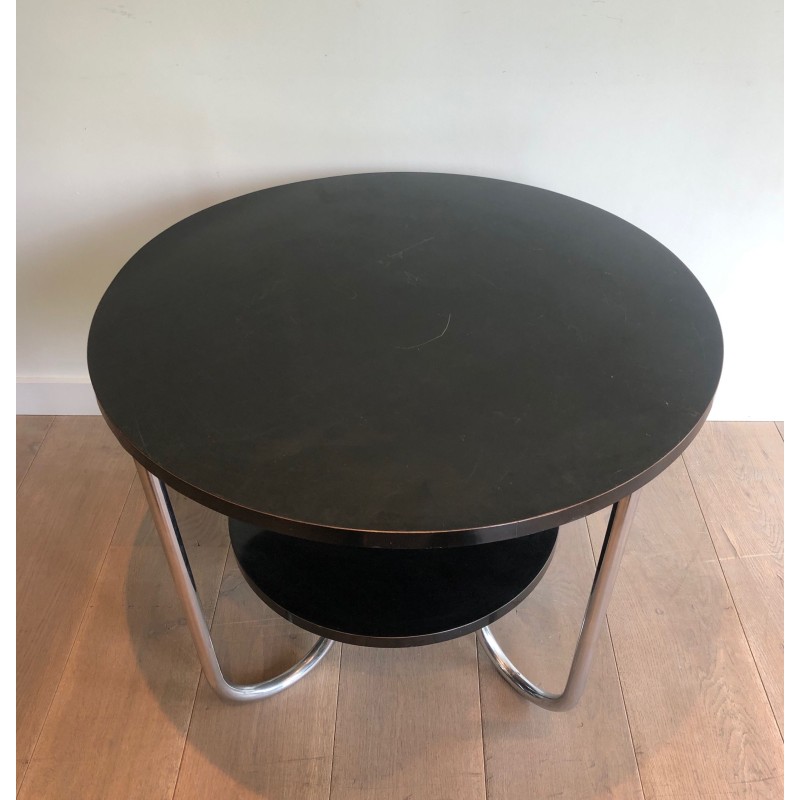 Round Double-Tiered Ebonised and Chrome Guéridon in the Style of Marcel Breuer, French Work, Circa 1950
