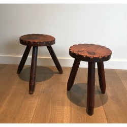 Pair of Brutalist Pine Stools, French Work, circa 1950 | Maison BARROIS