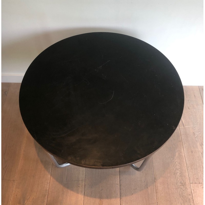 Round Double-Tiered Ebonised and Chrome Guéridon in the Style of Marcel Breuer, French Work, Circa 1950