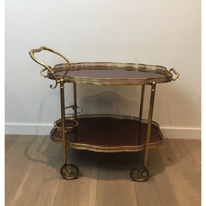 Table Roulante Néoclassique en Laiton et Acajou à Plateaux Amovibles, Travail Français, Vers 1940