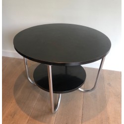 Round Double-Tiered Ebonised and Chrome Guéridon in the Style of Marcel Breuer, French Work, Circa 1950