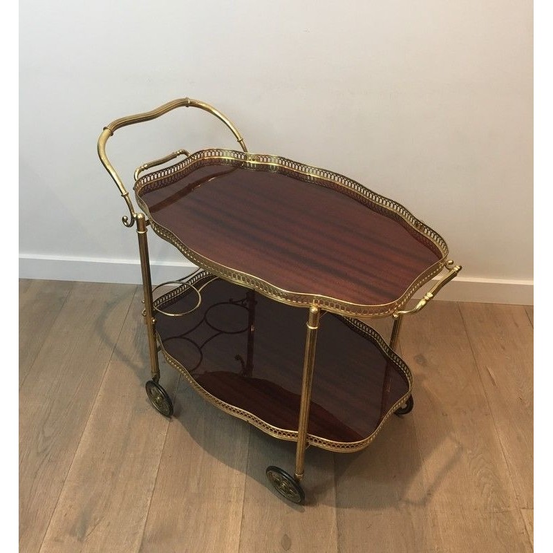Neoclassical Drinks Trolley in Brass and Mahogany with Removable Trays, French Work, Circa 1940