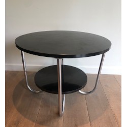 Round Double-Tiered Ebonised and Chrome Guéridon in the Style of Marcel Breuer, French Work, Circa 1950