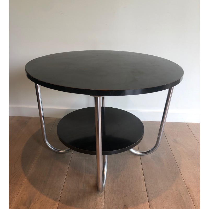 Round Double-Tiered Ebonised and Chrome Guéridon in the Style of Marcel Breuer, French Work, Circa 1950