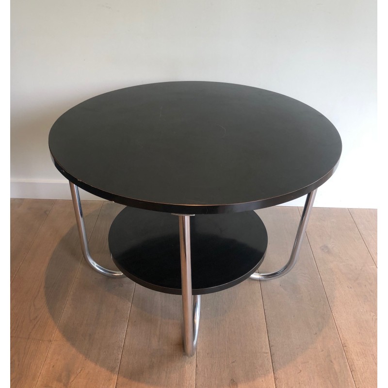 Round Double-Tiered Ebonised and Chrome Guéridon in the Style of Marcel Breuer, French Work, Circa 1950